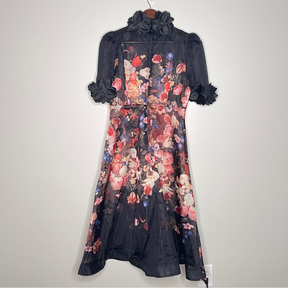 Black Multicolor Floral Sheer Midi Dress Floral Applique Hi-Neck Flare Women XL - Picture 6 of 14